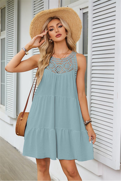 Bohemian Lace-Neckline Sleeveless Ruffle Dress 3054 Light green