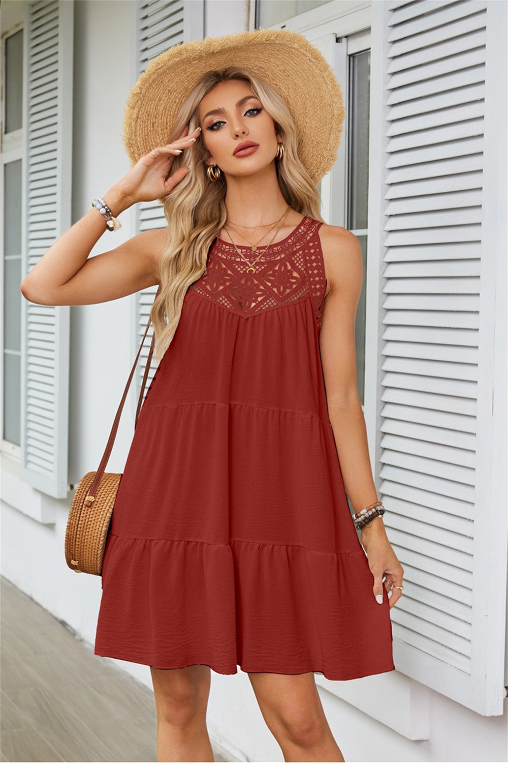 Bohemian Lace-Neckline Sleeveless Ruffle Dress 3054 Red