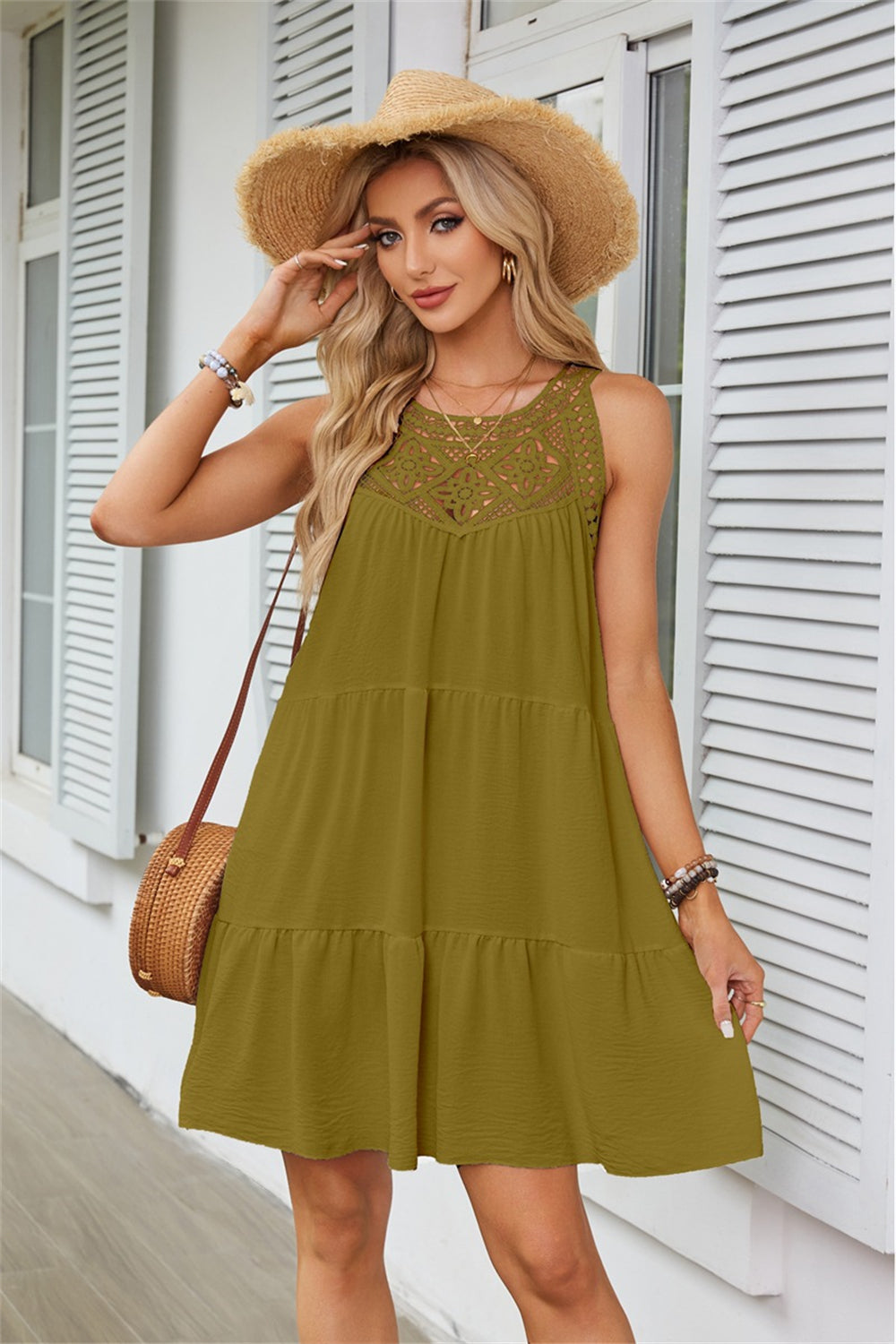 Bohemian Lace-Neckline Sleeveless Ruffle Dress 3054 Green