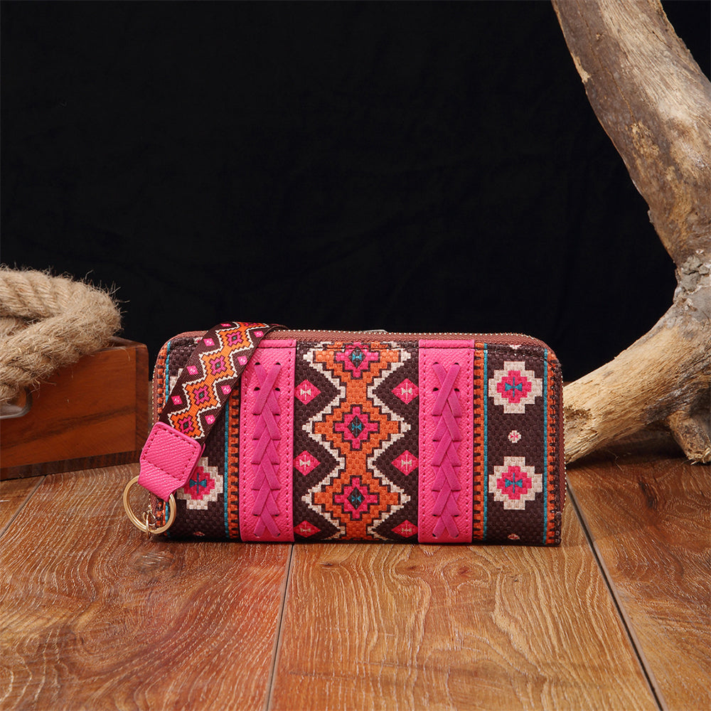 Bohemian Patterned Wallet with Zipper 2795 Rose red