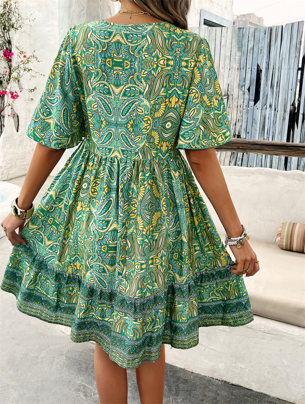 Bohemian V-Neck Dress with Flutter Sleeves 2978