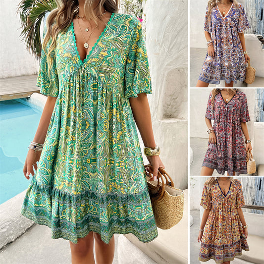 Bohemian V-Neck Dress with Flutter Sleeves 2978 Mix Color