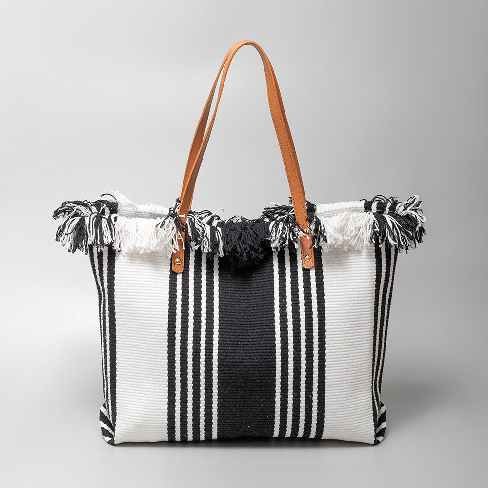 Bohemian Woven Tote Bag 2918 Black Stripe