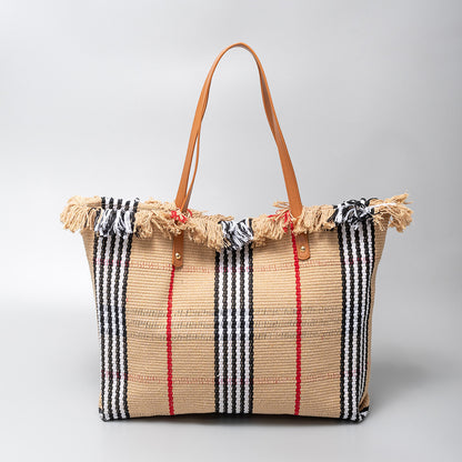 Bohemian Woven Tote Bag 2918 Khaki Stripe