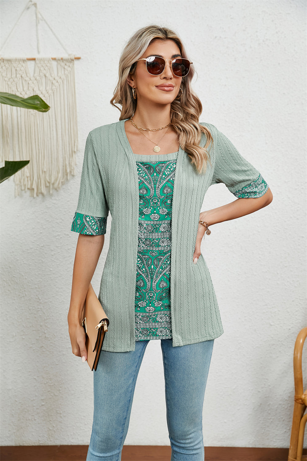 Boho Chic Patterned Layered Textured Top 2806