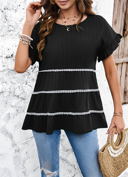 Boho Chic Ruffled Pleated Sleeve Babydoll Tops 2833