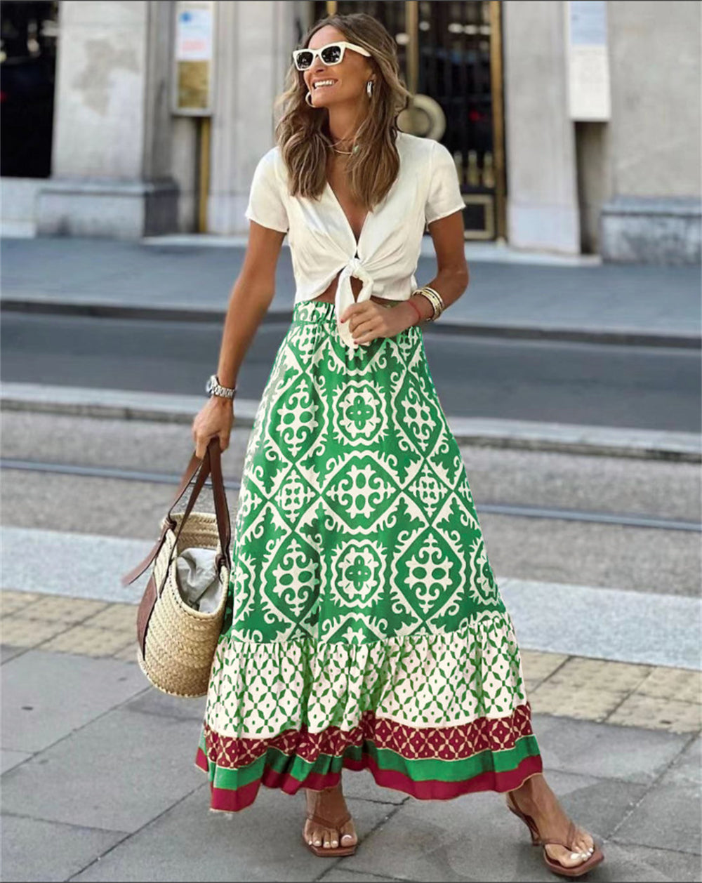 Boho Flare Skirt - Maxi A-Line & Retro Motifs 3044 Green