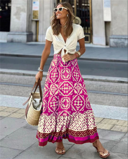 Boho Flare Skirt - Maxi A-Line & Retro Motifs 3044 Rose red