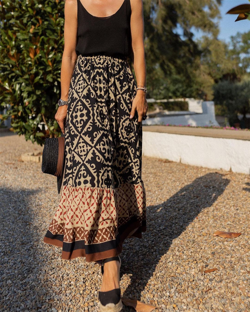 Boho Flare Skirt - Maxi A-Line & Retro Motifs 3044 Black