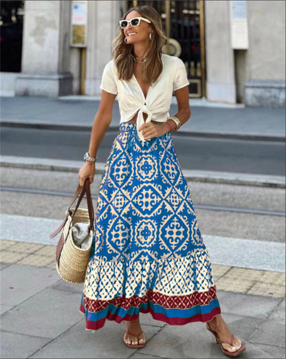 Boho Flare Skirt - Maxi A-Line & Retro Motifs 3044 Blue