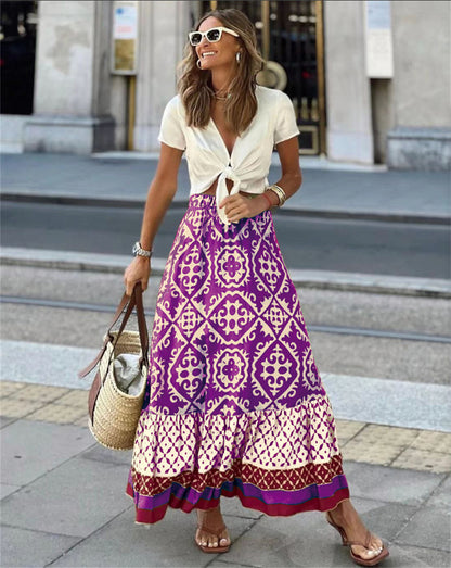 Boho Flare Skirt - Maxi A-Line & Retro Motifs 3044 Purple