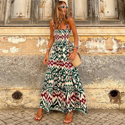 Boho Pleated Sleeveless Flowy Dress 2992 Green