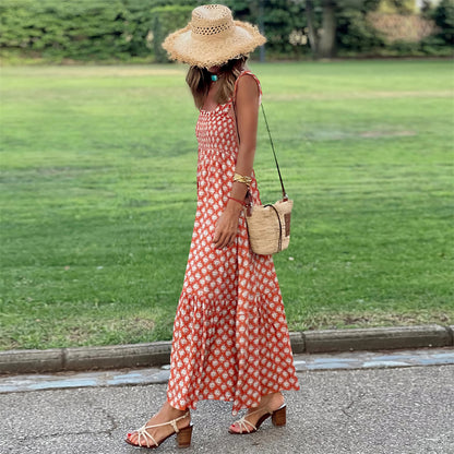 Boho Pleated Sleeveless Flowy Dress 2992 Orange