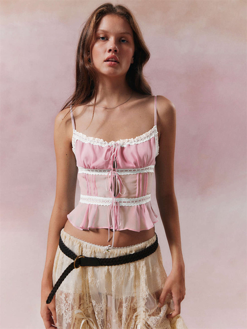 Boho Ruffled Layered Crop Top 2793 Pink