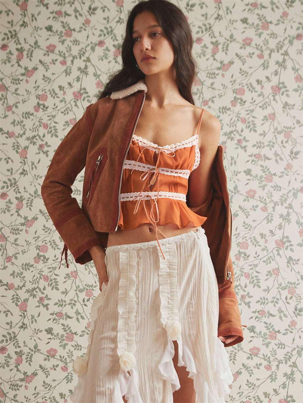 Boho Ruffled Layered Crop Top 2793 Orange