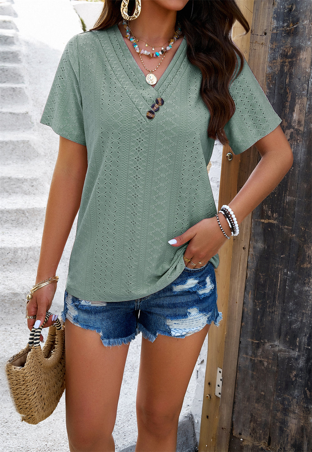 Boho Short Sleeve Eyelet Top 2956 Green