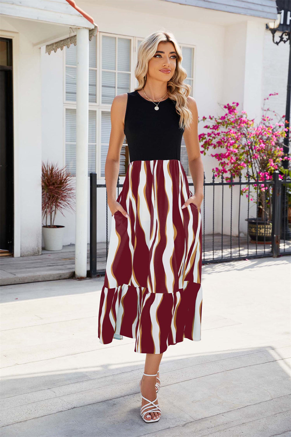 Boho Sleeveless Top with Striped Maxi Skirt 2737 red