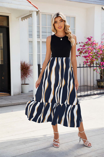 Boho Sleeveless Top with Striped Maxi Skirt 2737 dark blue