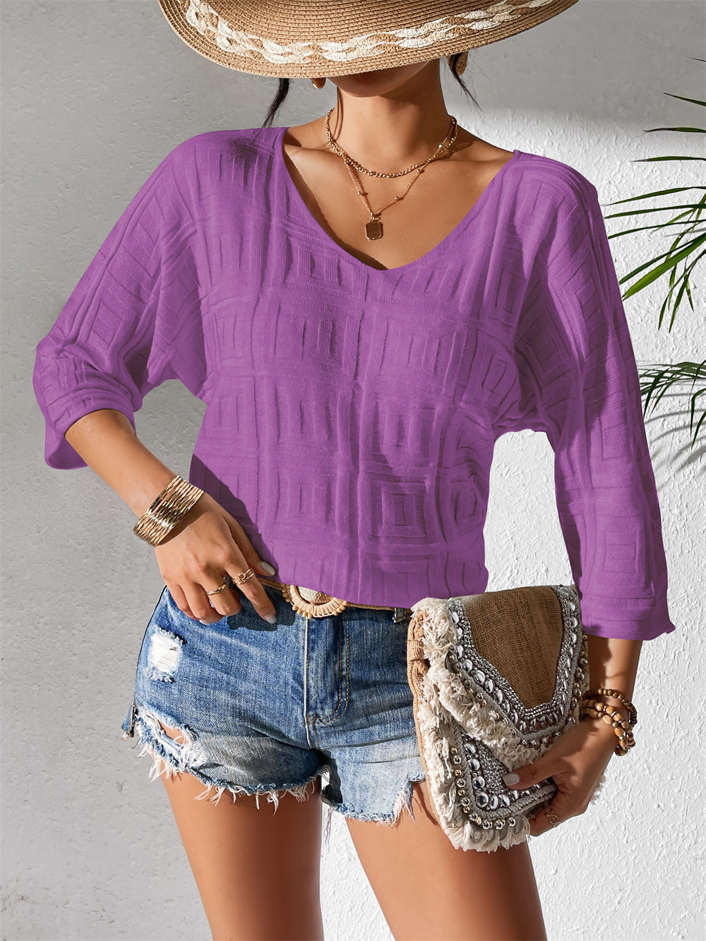 Boho Summer Blouse with V-Neck 2876 Purple