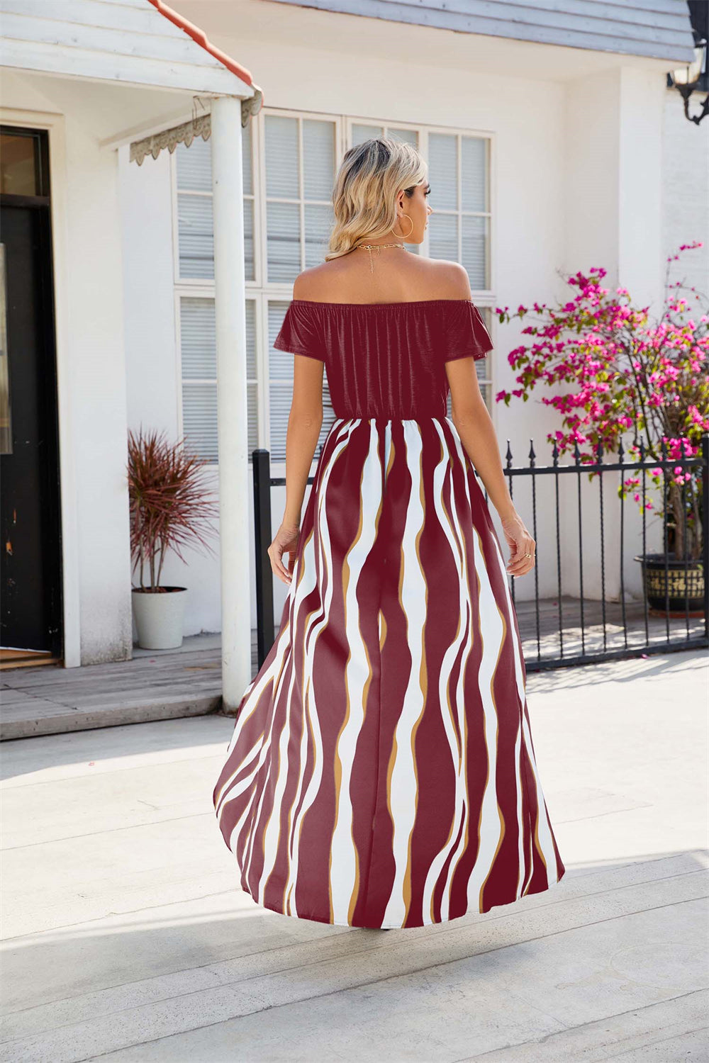 Boho Sunset Stroll Striped Off-Shoulder Maxi Dress 2847