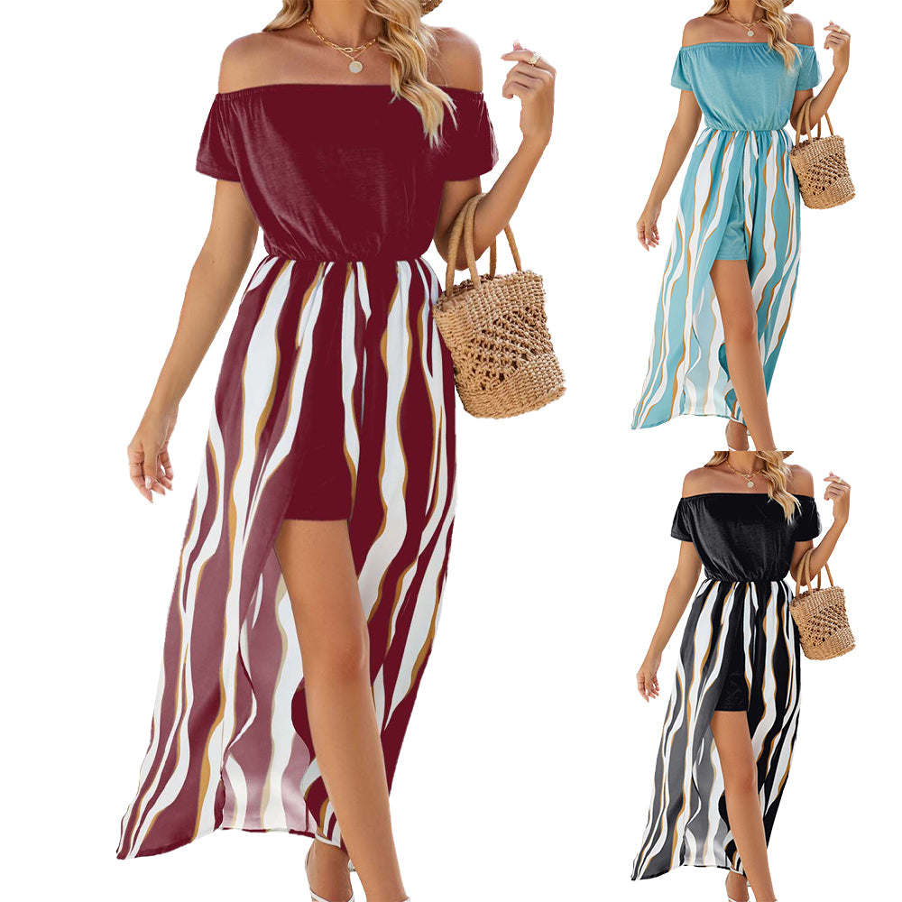 Boho Sunset Stroll Striped Off-Shoulder Maxi Dress 2847