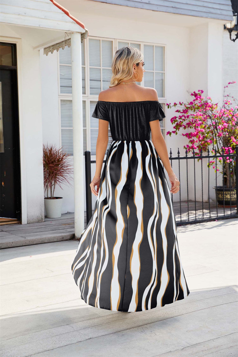 Boho Sunset Stroll Striped Off-Shoulder Maxi Dress 2847