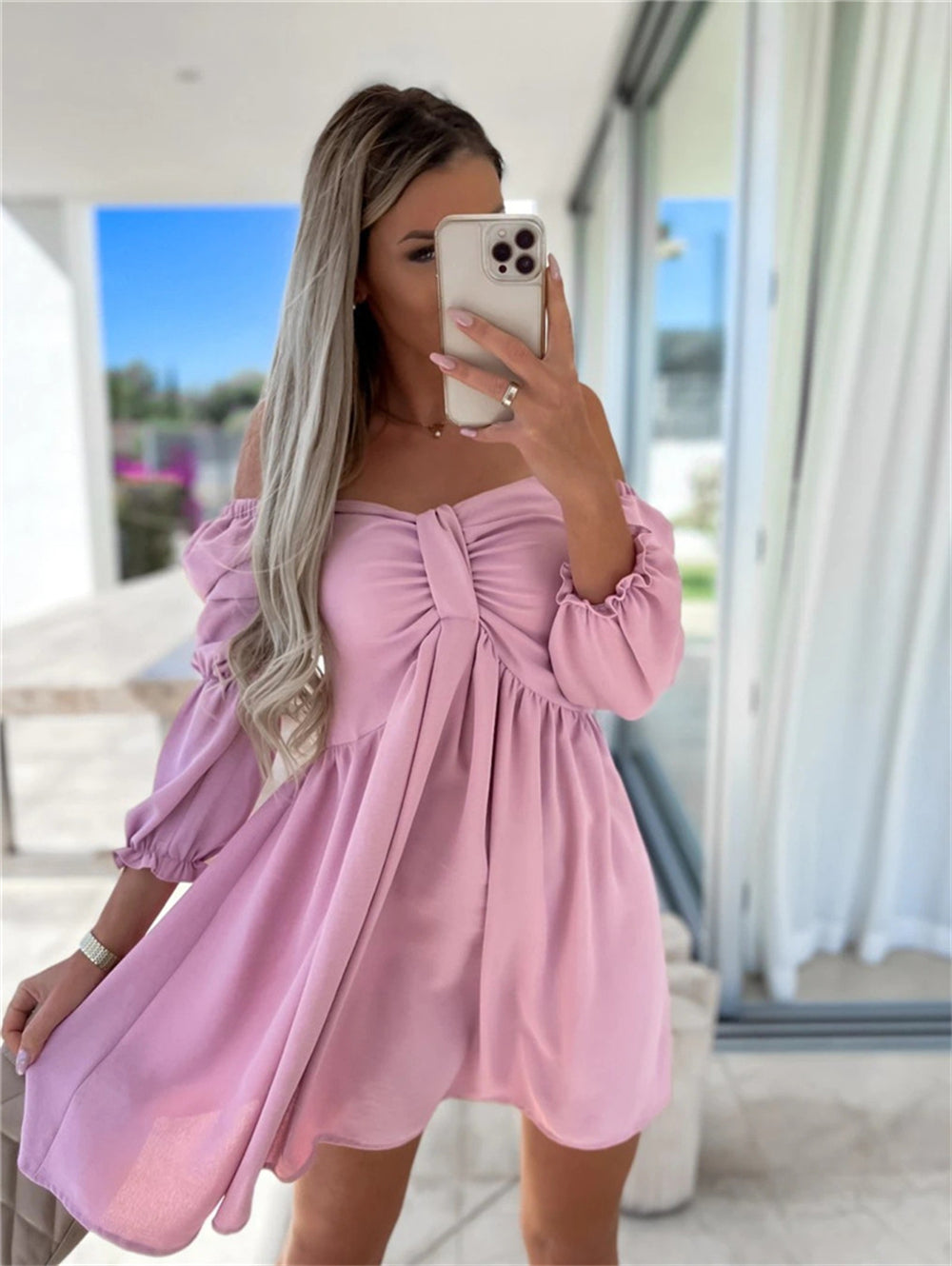 Boho-inspired ruffled sleeve off-shoulder mini dress 3086