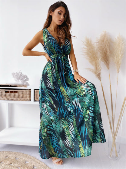 Botanic Garden Inspired Flowing Maxi Dress 1063 Green leatherleaf