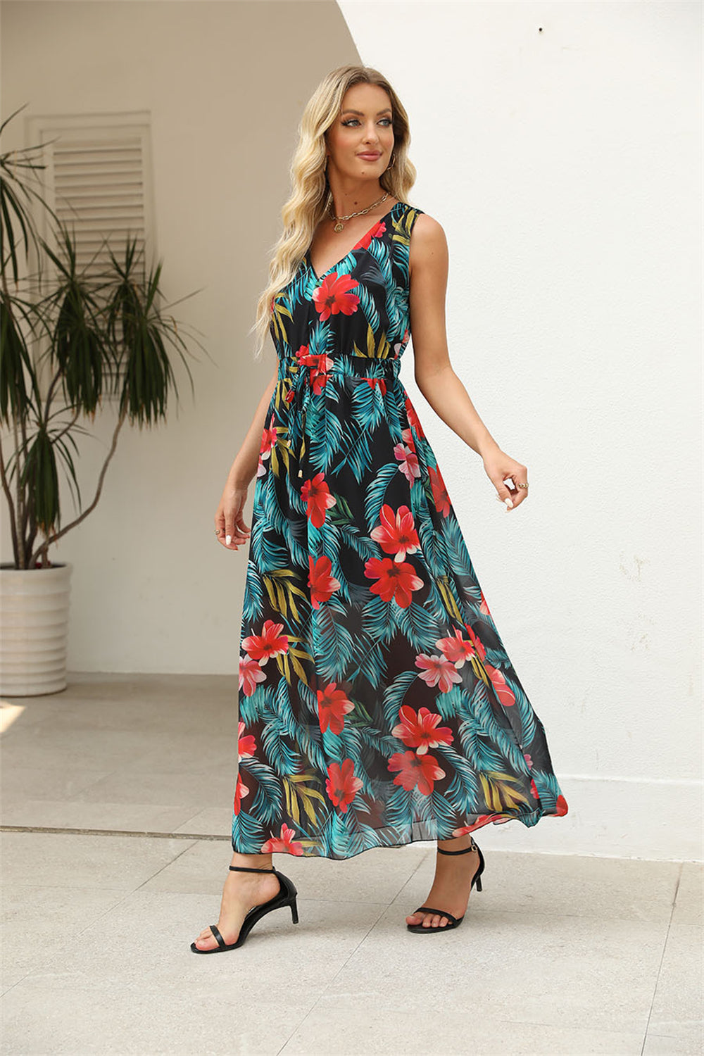 Botanic Garden Inspired Flowing Maxi Dress 1063 Red flower