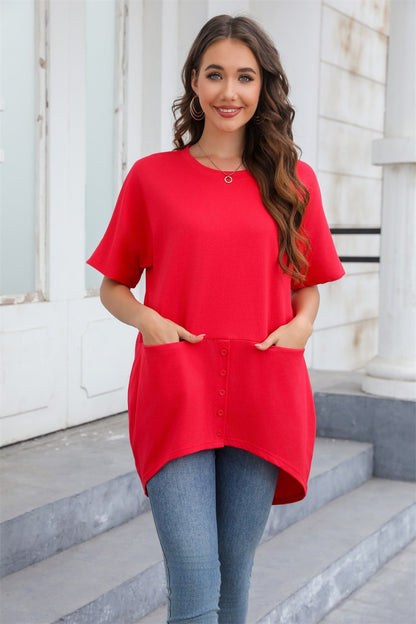 Button Detail Pocket Asymmetrical Hem Casual Tee 2766 Red