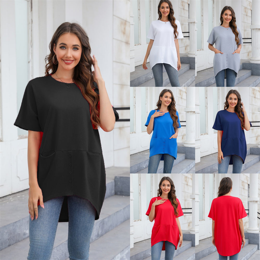 Button Detail Pocket Asymmetrical Hem Casual Tee 2766 Mix Color