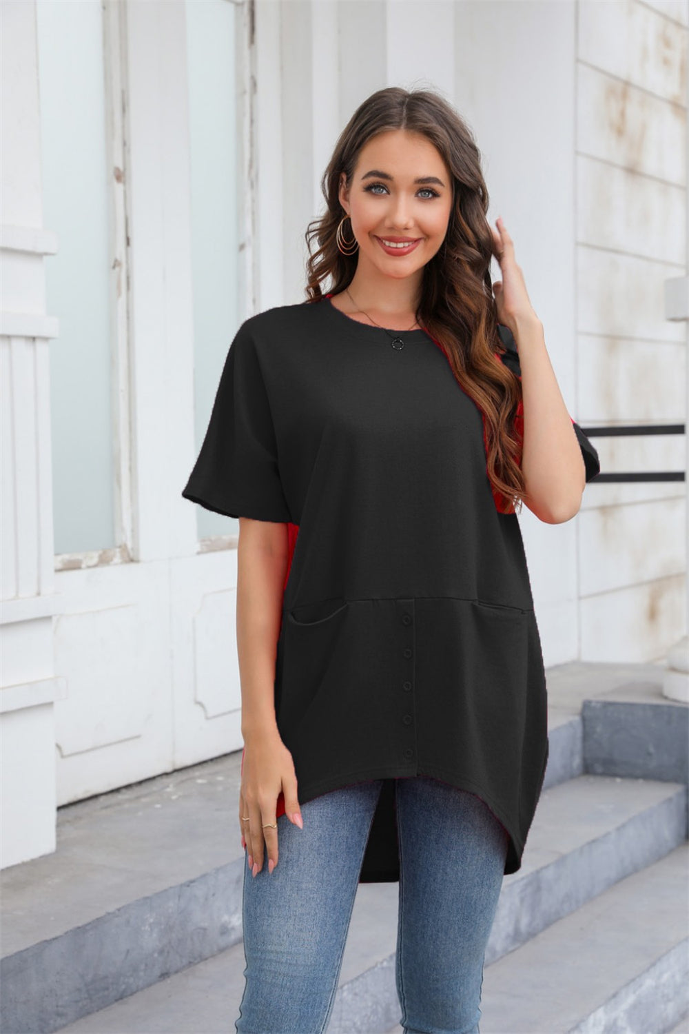 Button Detail Pocket Asymmetrical Hem Casual Tee 2766 Black