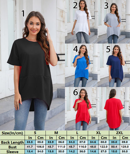 Button Detail Pocket Asymmetrical Hem Casual Tee 2766