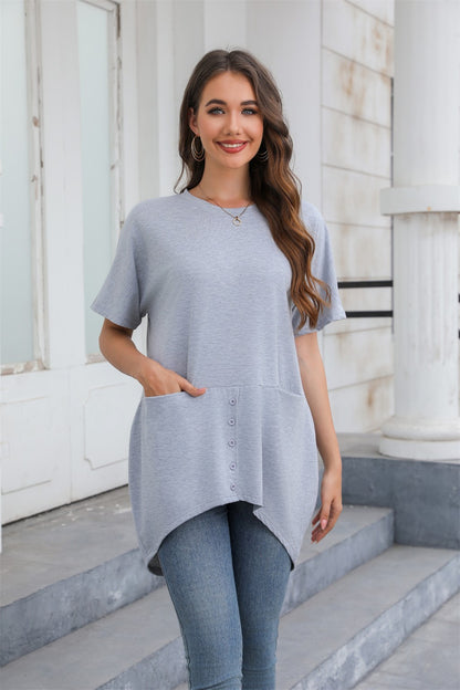 Button Detail Pocket Asymmetrical Hem Casual Tee 2766 Grey