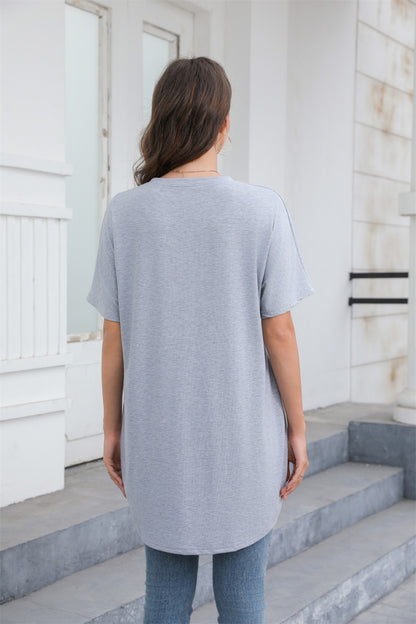 Button Detail Pocket Asymmetrical Hem Casual Tee 2766