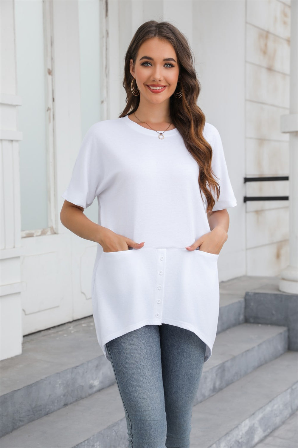 Button Detail Pocket Asymmetrical Hem Casual Tee 2766 White