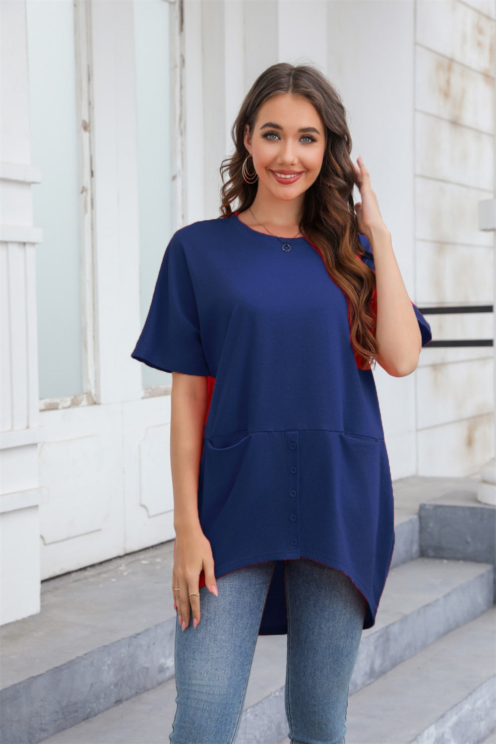 Button Detail Pocket Asymmetrical Hem Casual Tee 2766 Dark blue