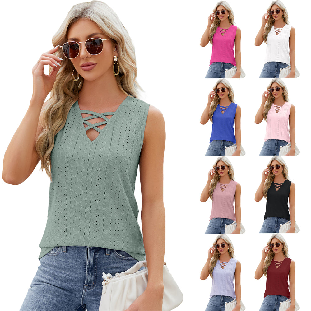 Casual Chic Criss-Cross Neckline Eyelet Tank Top 2765 Mix Color