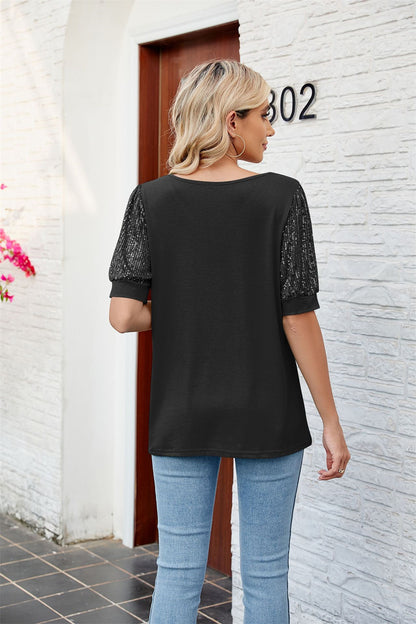 Casual Chic Sequined Sleeve Blouse V-Neck Top 2753