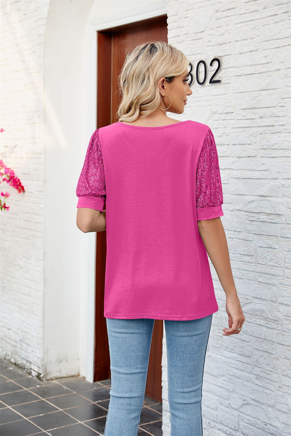 Casual Chic Sequined Sleeve Blouse V-Neck Top 2753