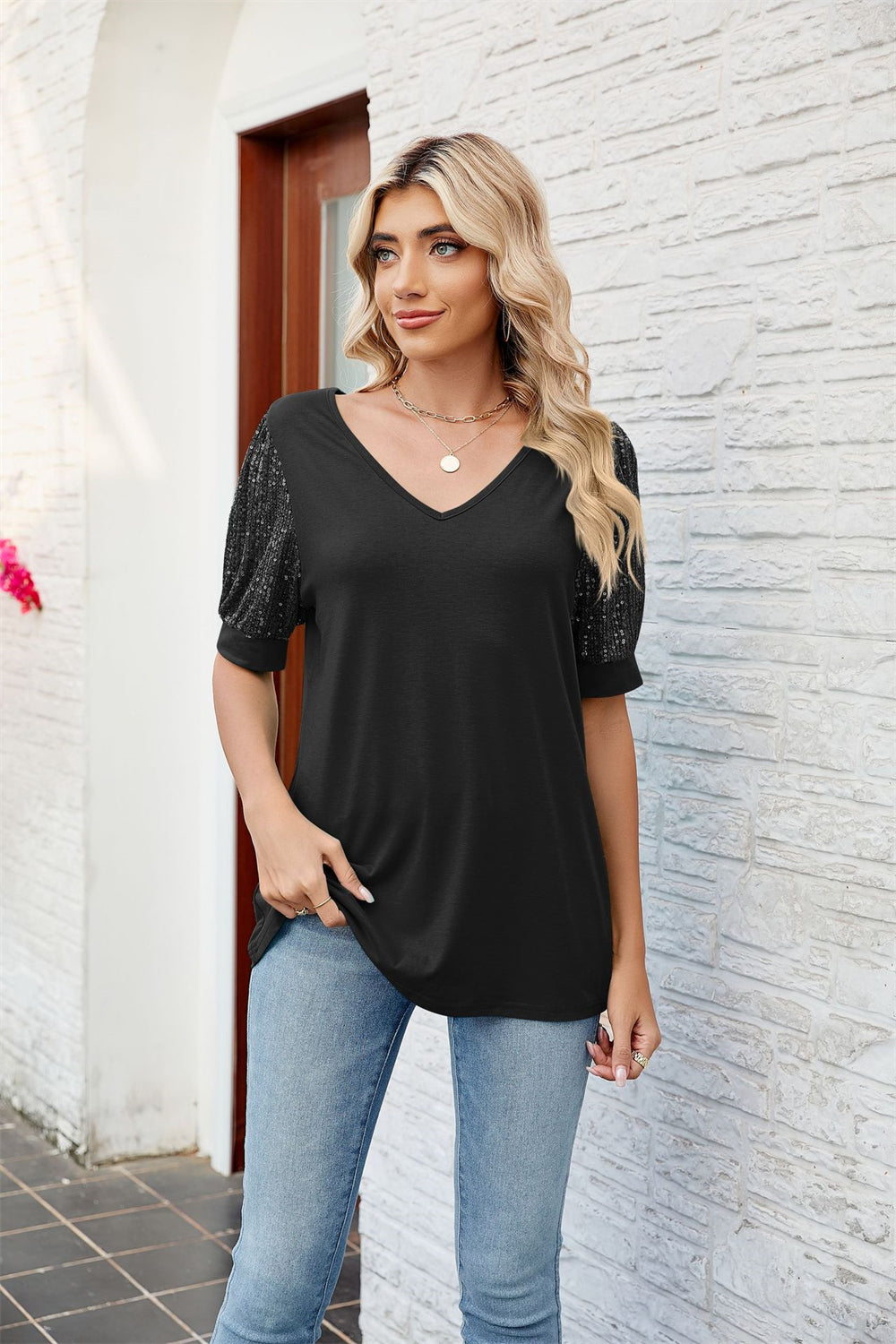 Casual Chic Sequined Sleeve Blouse V-Neck Top 2753 Black