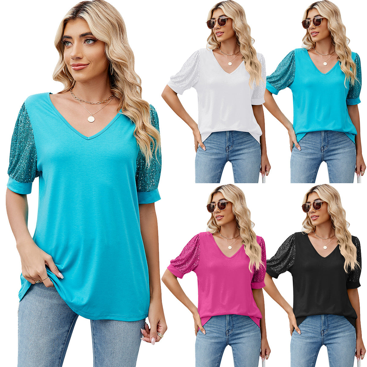 Casual Chic Sequined Sleeve Blouse V-Neck Top 2753 Mix Color