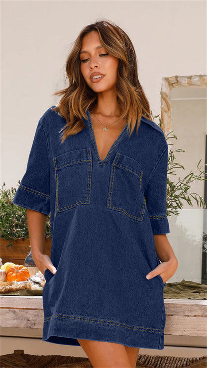 Chest Pockets Denim Shift Mini Dress 3060 Dark blue