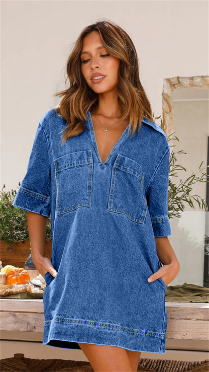 Chest Pockets Denim Shift Mini Dress 3060 Medium Blue