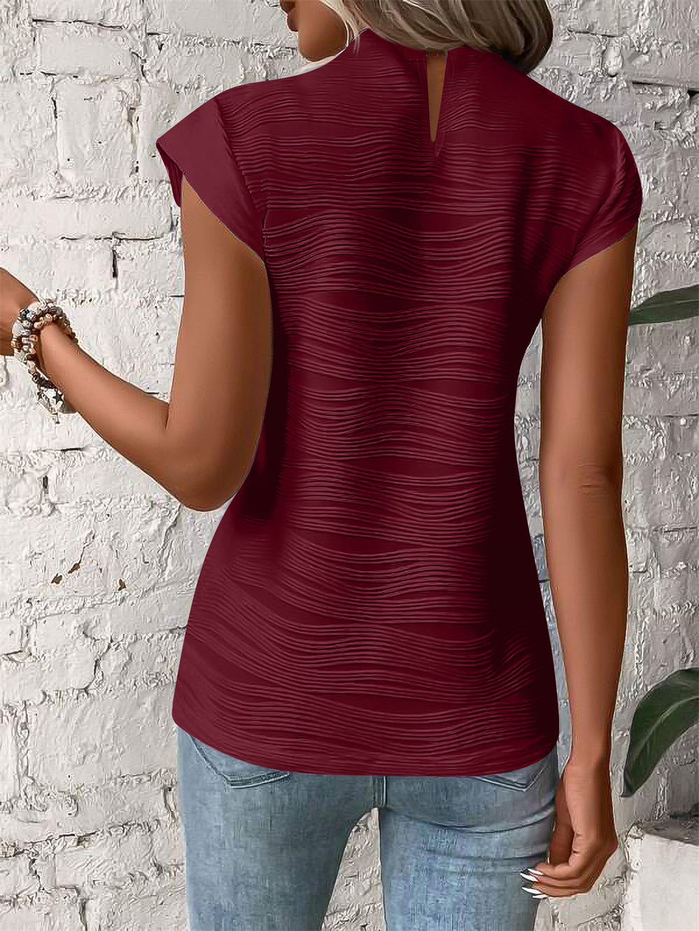 Chic Cap Sleeve Ribbed Texture Blouse Top 2828