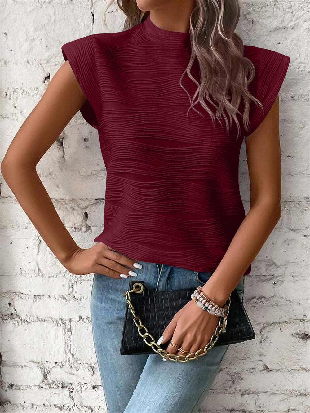 Chic Cap Sleeve Ribbed Texture Blouse Top 2828