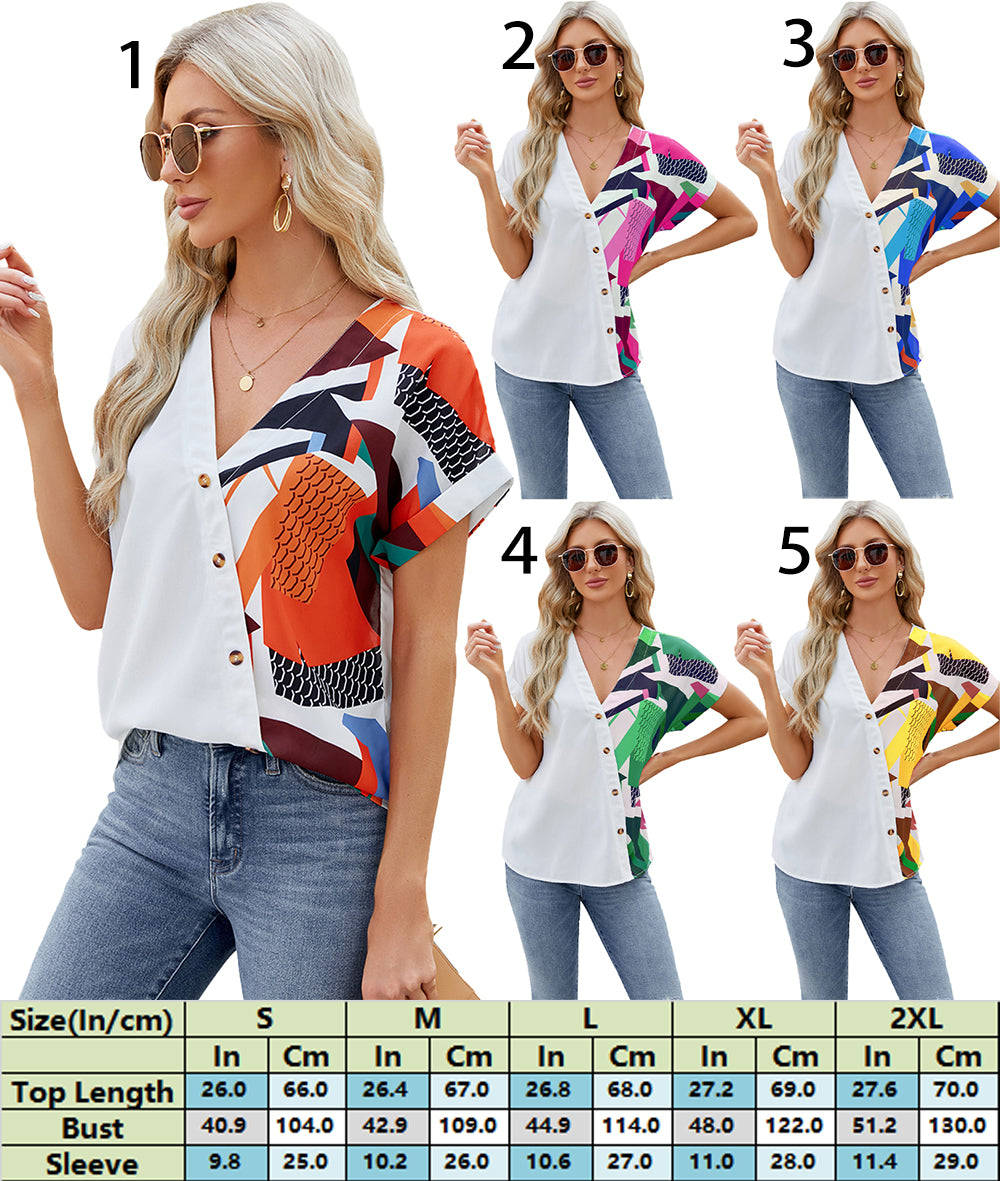 Chic Geometric Button-Up Blouse V-Neck Top 2845