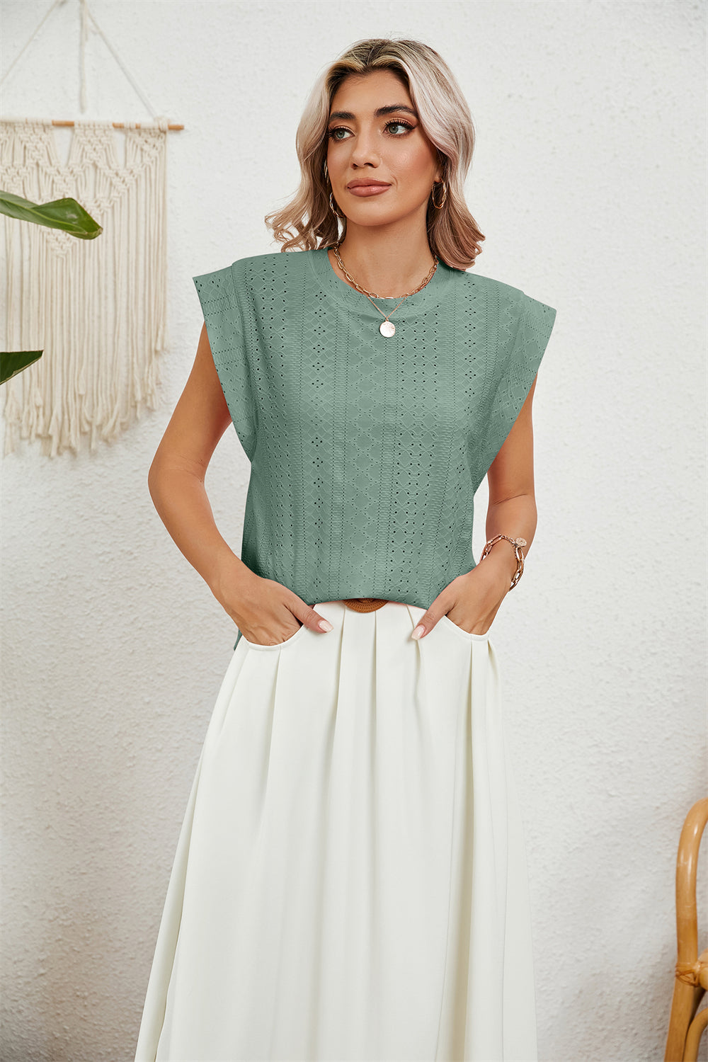 Chic Perforated Top with Cap Sleeves 2837