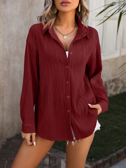 Chic Ribbed Button-Up Loose Fit Shirt 2784 Wine red