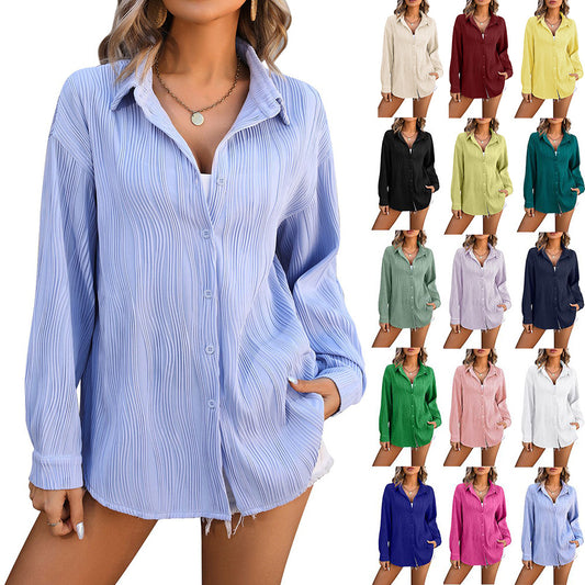 Chic Ribbed Button-Up Loose Fit Shirt 2784 Mix Color